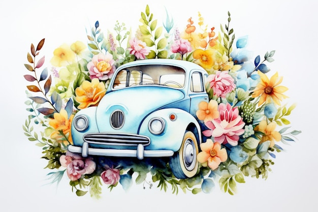 voiture aquarell avec des fleurs autour