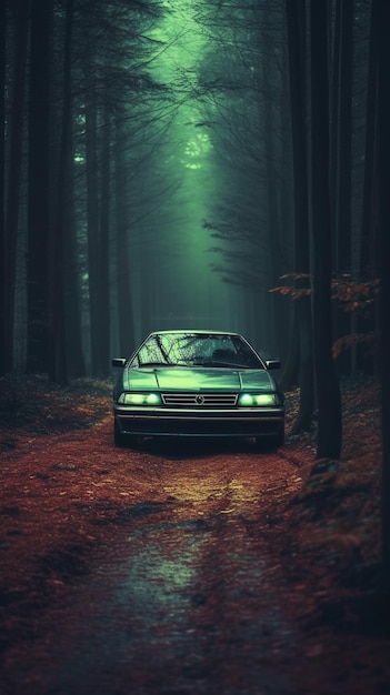 Une voiture Arafed garée dans une forêt avec un sentier au premier plan.