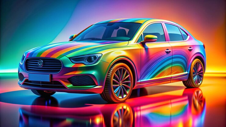 Photo une voiture arc-en-ciel avec un arc- en-ciel sur le capot