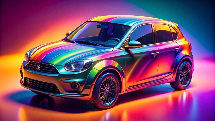 Photo une voiture arc-en-ciel avec des couleurs d'arc- en-ciel sur le dessus