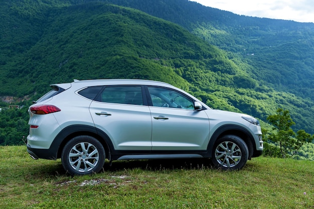 Voiture argentée sur le fond des montagnes