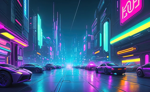 voiture au néon avec des lumières de ville illustration 3d