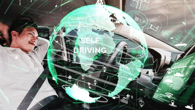 Voiture autonome autonome avec homme au siège du conducteur conceptuel