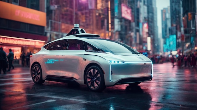 une voiture autonome dans une rue de la ville la nuit avec des gens qui se promènent