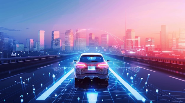 Voiture autonome en mode pilote automatique avec des graphismes futuristes sur le système GPS conduisant dans la rue en ville technologie AI avec concept de transport