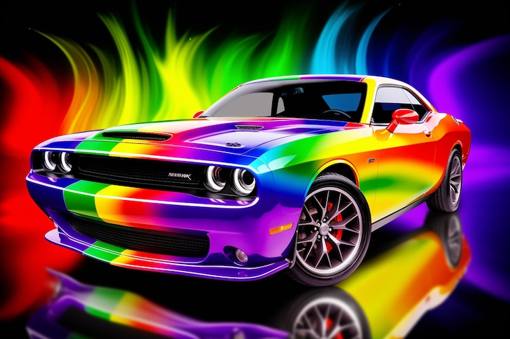 Photo une voiture aux couleurs vives avec un arrière-plan arc-en-ciel et un ai générateur de réflexion
