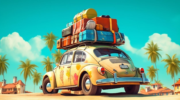 Une voiture avec des bagages sur le toit prête pour les vacances d'été.