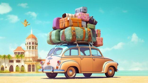 Une voiture avec des bagages sur le toit prête pour les vacances d'été