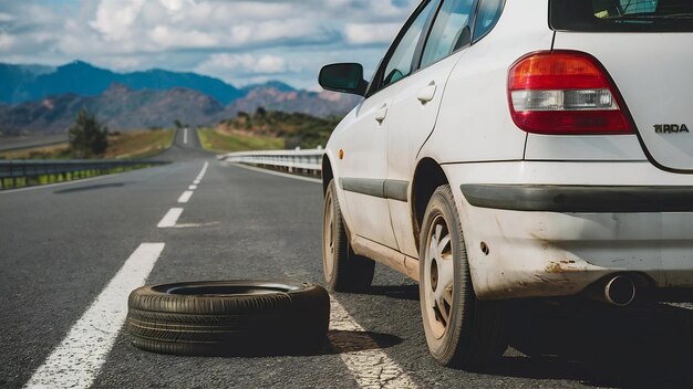 Photo une voiture blanche arrêtée avec un pneu de voiture percé sur le bord de la route