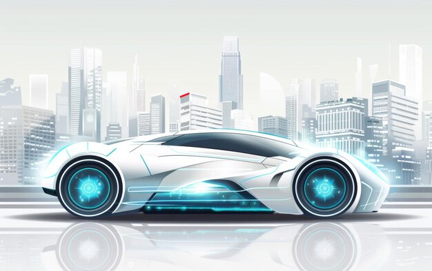 Une voiture blanche futuriste avec des roues éclairées en bleu se tient devant un paysage urbain stylisé reflétant la surface brillante en dessous