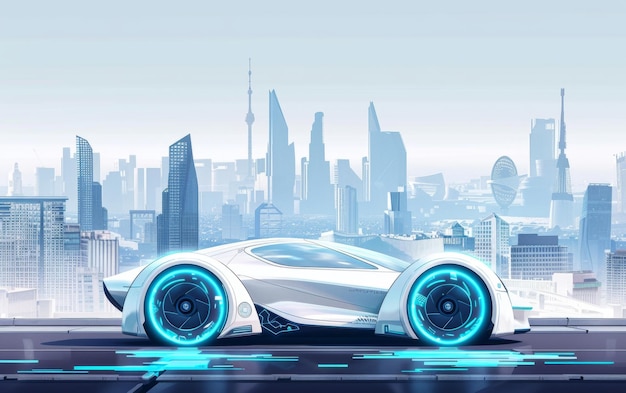 Une voiture blanche futuriste avec des roues éclairées en bleu se tient devant un paysage urbain stylisé reflétant la surface brillante en dessous