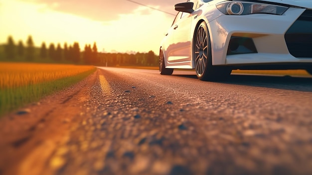 Photo une voiture blanche roule sur une route de la campagne avec le coucher du soleil en arrière-plan