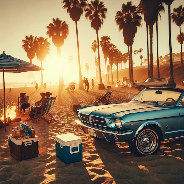 une voiture bleue avec une boîte à l'avant et un refroidisseur sur le côté de la plage