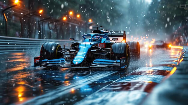 Une voiture bleue de course en Formule 1 couleurs vives scène cinématographique jour de pluie sens de la vitesse ar 169 style brut styliser 750 v 6 ID de travail 021b78be23f54aef81edbd0e56ae7256