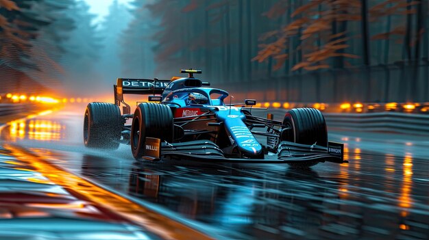 Une voiture bleue de course en Formule 1 couleurs vives scène cinématographique jour de pluie sens de la vitesse ar 169 style brut styliser 750 v 6 Job ID 359eb9209ec143dbbda879ce469ff571