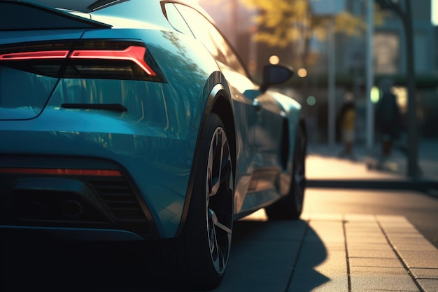 Une voiture bleue avec les feux arrière sur les feux arrière