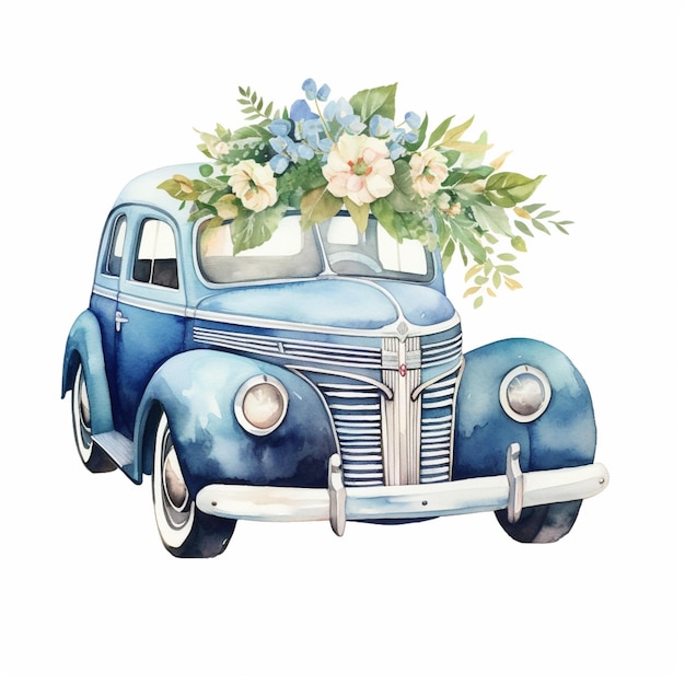 Une voiture bleue avec des fleurs sur le devant.