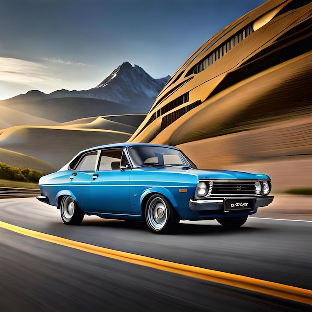 Une voiture bleue avec une plaque d'immatriculation Ford.