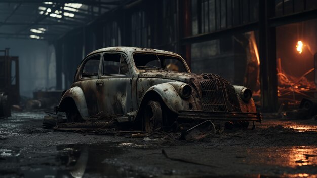 Voiture blindée abandonnée dans la scène sombre cinématographique d'un entrepôt brûlé