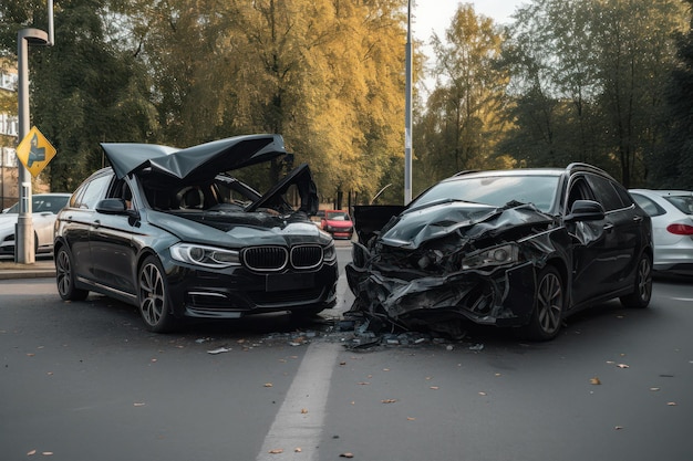 Une voiture BMW noire est heurtée par une voiture noire.