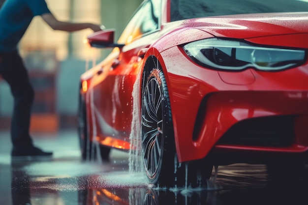 Une voiture bmw rouge est lavée dans une flaque d'eau.