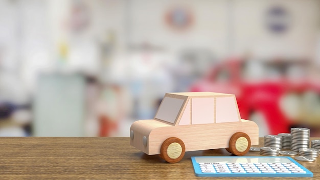 La voiture en bois jouet et la calculatrice bleue sur le rendu 3d de la table en bois