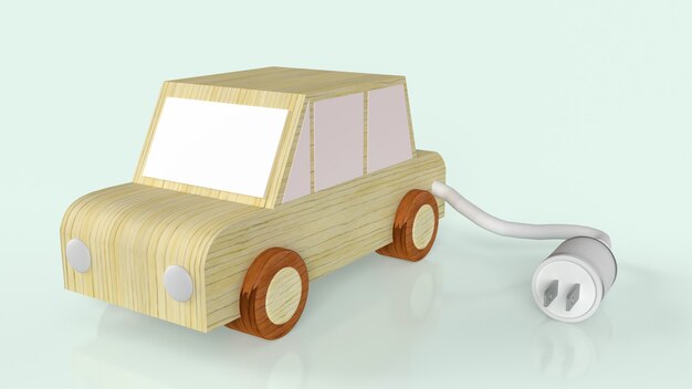 La voiture en bois et les prises d'alimentation CA pour la voiture électrique ou le rendu 3D du contenu de la voiture EV