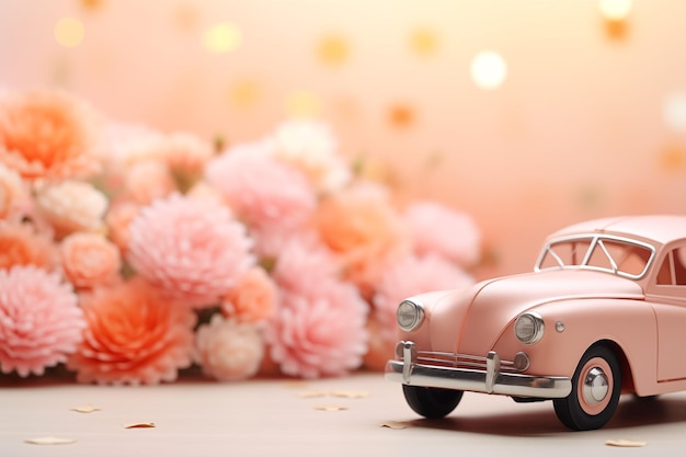 Photo voiture et bouquet sur fond de pêche flou pour le design mignon et d'amour