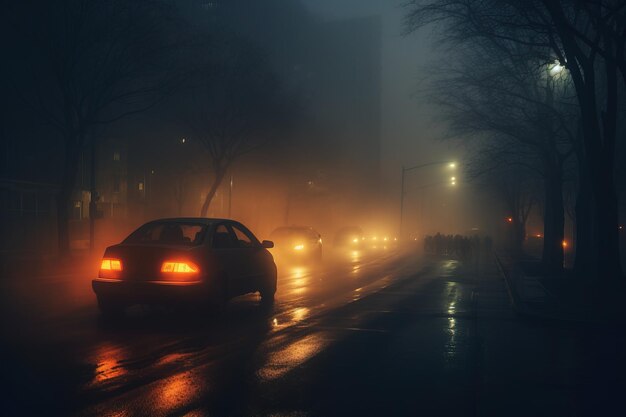 Une voiture brille les phares arrière orange sur une route de la ville de nuit sombre dans le brouillard dans des couleurs sombres