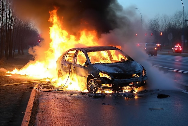 Voiture brûlant sur une autoroute avec de la fumée noire AI générative