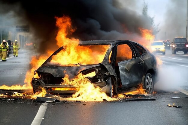 Voiture brûlant sur une autoroute avec de la fumée noire AI générative