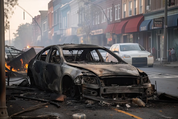 Voiture brûlée au milieu de la rue entourée de débris et de fumée créée avec une IA générative