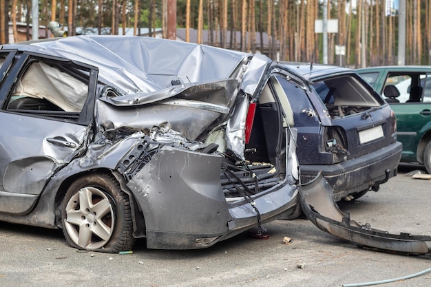 Voiture cassée après un accident de la circulation dans le parking d'une station de réparation Atelier de carrosserie à l'extérieur Vente de voitures d'assurance Accident sur le tramway après une collision en ville