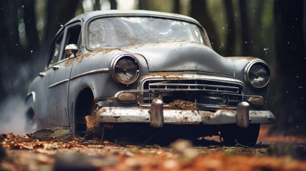 Une voiture classique abandonnée dans une forêt