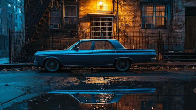 La voiture classique de la mélancolie de minuit et la façade trempée par la pluie