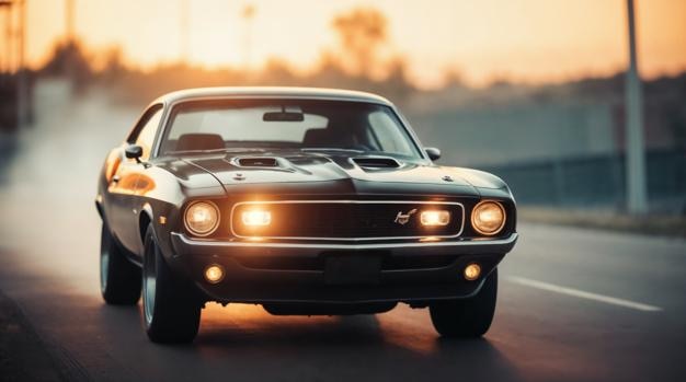 Une voiture classique noire sur une route au coucher du soleil