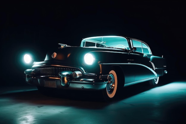 Voiture classique rétro illuminée la nuit AI générative