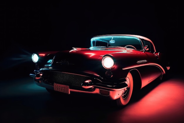 Voiture classique rétro illuminée la nuit AI générative