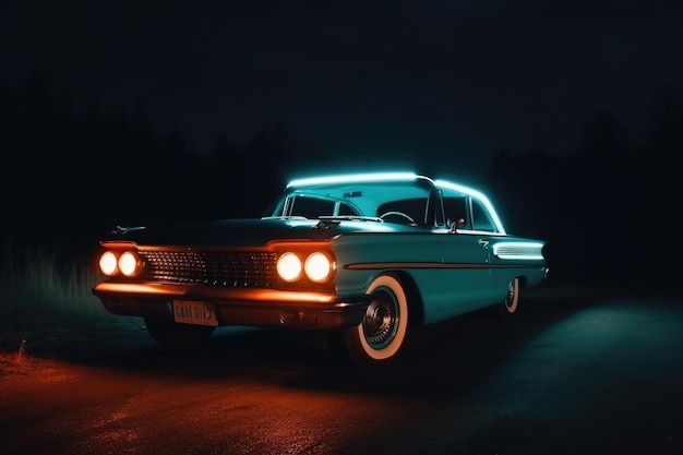 Voiture classique rétro illuminée la nuit AI générative