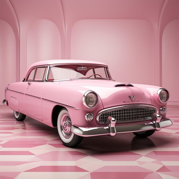 Une voiture classique rose.