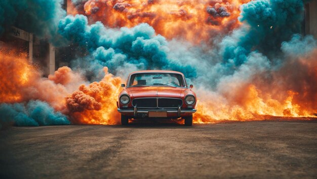 Une voiture classique rouge devant une explosion cinématographique de feu et de fumée cyan dans une structure abandonnée