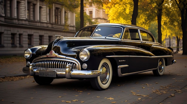 Une voiture classique rouge vintage garée dans une rue de la ville avec des arbres et du soleil chaud