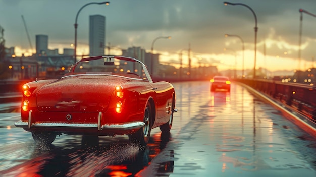 Une voiture classique sur la route de la ville au coucher du soleil