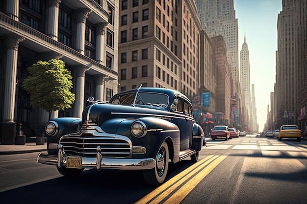 Voiture classique traversant le centre-ville animé avec des gratte-ciel en arrière-plan