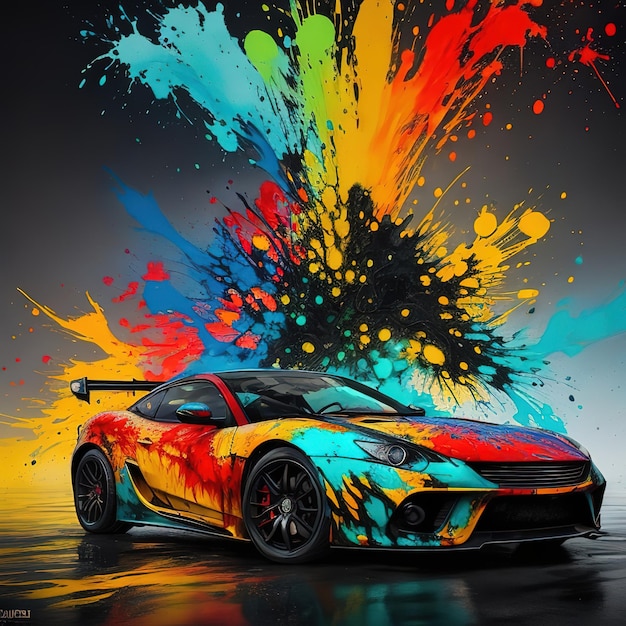 Une voiture colorée avec une éclaboussure de peinture colorée sur le devant.