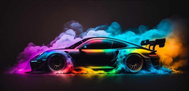 Voiture colorée avec de la fumée qui en sort AI générative