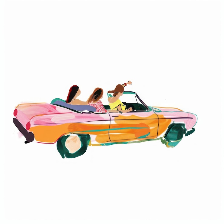 Photo une voiture colorée avec trois amis