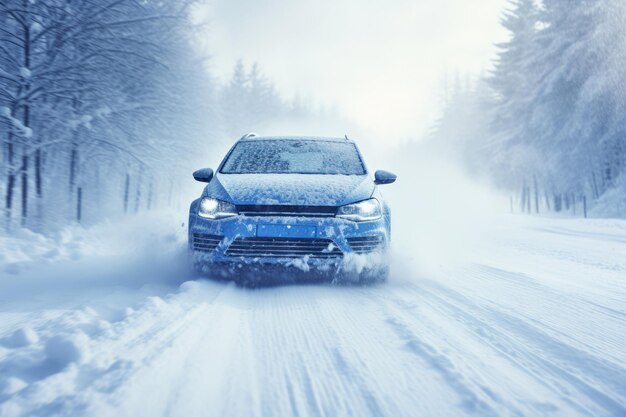 Une voiture conduisant en hiver dans des conditions de neige et de verglas dangereuses