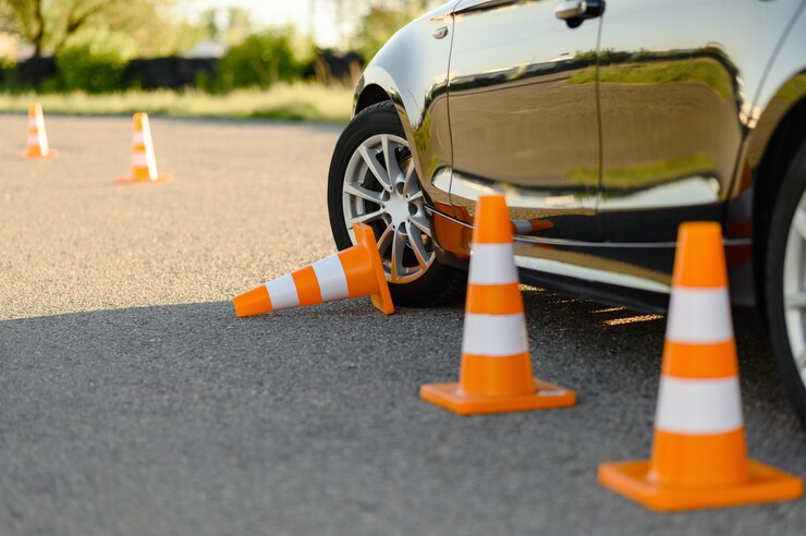 Photo voiture et cône de signalisation abattu, leçon de concept d'auto-école.