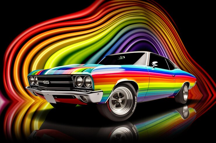 Photo une voiture de couleurs vives avec un arc-en-ciel tourbillon d'arrière-plan génératif ai